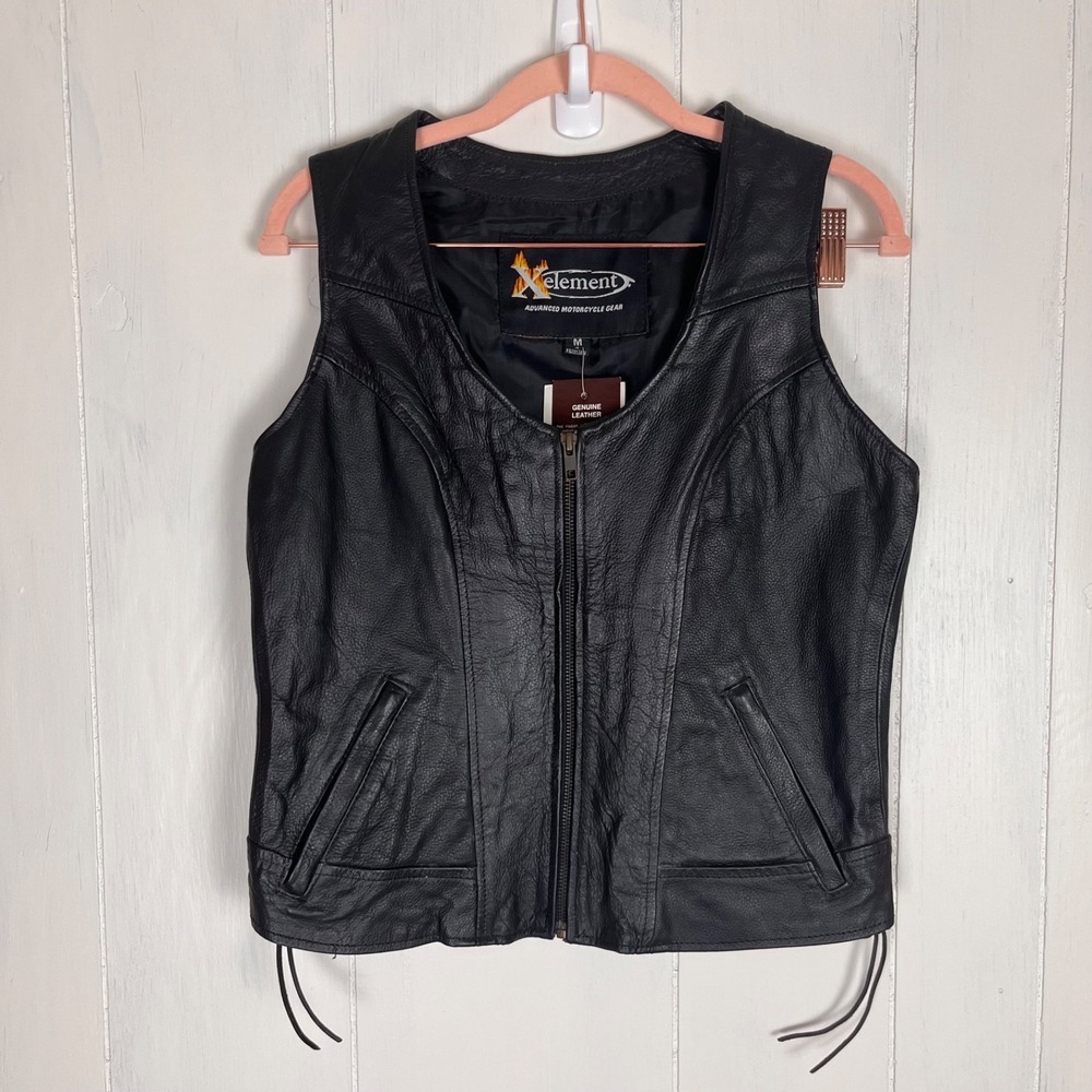 Xelement Womens Leather Motorcycle Vest‎ Black Medium NWT Laced Side Moto Biker